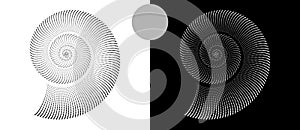 Halftone dots in spiral. Modern abstract background. Design element or icon, logo. Black shape on a white background and the same