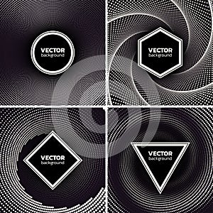 Halftone dotted backgrounds set. Circle, hexagon, suare and triangle shape over vortex. Abstract monochrome vector
