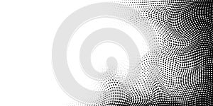 Halftone dotted black abstract background. Technology halfton mesh wave backdrop. Dots grid right side border for photo