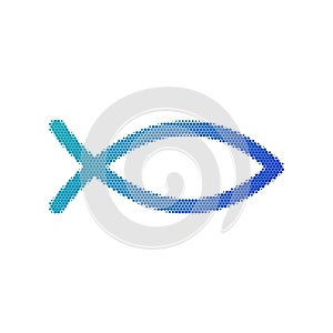 Halftone dotted Christian symbol, Jesus fish icon isolated on white background.The fish symbol is a pictorial representation of