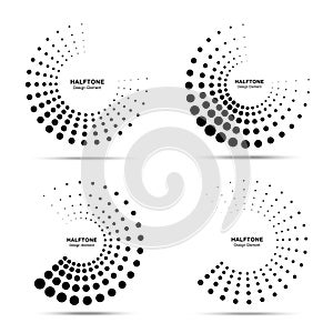 Halftone dotted circle frame abstract dots emblem set. Half moon. Round halftone circle dots raster texture. Vector