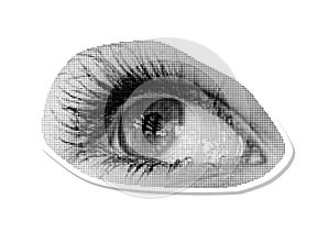 Halftone dotted eye sticker for trendy y2k retro collage. Vector textured female look up
