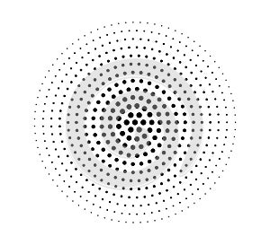 Halftone dotted gradient circle. Half tone effect circular dotted background. Point round texture shape. Vector