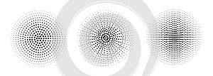 Halftone dotted gradient circle. Half tone effect circular dotted background. Point round texture shape. Vector