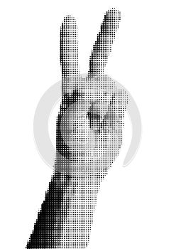 Halftone dotted male hand with two fingers up. Vector textured human arm for trendy y2k retro collage