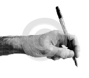 Halftone dotted male writing hand with a pen. Vector textured human arm for trendy y2k retro collage