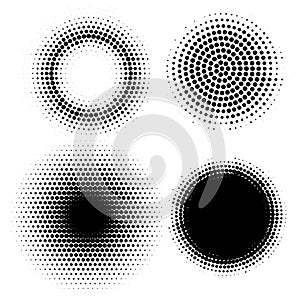 Halftone effect circles. Vector set of abstract graphic digital dotted elements