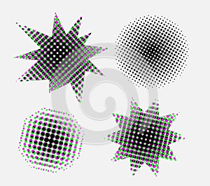 Halftone effect design elements. Black halftone effects shapes. Set of dotted circles and stars