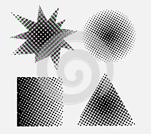 Halftone effect design elements. Black halftone effects shapes. Set of dotted tringle and square