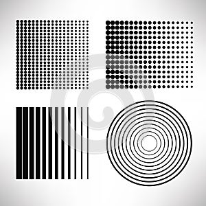 Halftone elements, round shape, stripped, dotted isolated on white background.