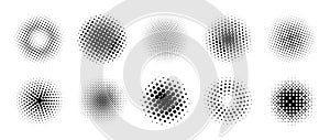 Halftone gradient circles collection. Dots textured round patterns. comic radial faded background set. Abstract