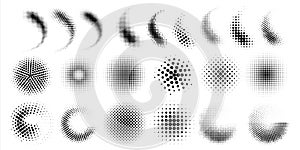 Halftone gradient spray. Dots and circles half tone graphic elements. Black points round shapes or curved smears. Comic photo