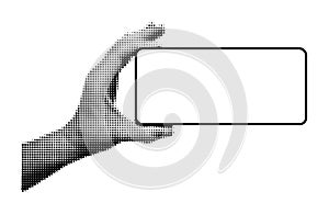 Halftone hand holding smartphone horizontally vector illustration