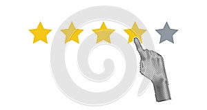 Halftone hand pointing, finger push to four star rating. Feedback, reputation and quality concept