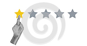 Halftone hand pointing, finger push to one star rating. Feedback, reputation and quality concept