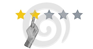 Halftone hand pointing, finger push to two star rating. Feedback, reputation and quality concept