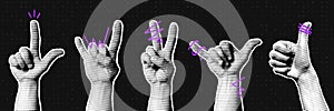 Halftone hands collection. Halftone hands show different gestures, rock, peace, and shaka signs. Stylish halftone collage design photo