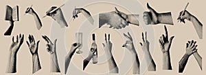 Halftone hands set. Trendy Creative collage elements. Gesture signs. Vector illustration