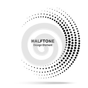 Halftone incomplete circle frame dots logo isolated on white background. Circular halftone part design element. Vector photo
