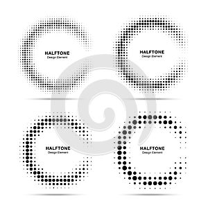 Halftone incomplete circle frame dots logo set isolated on white background. Circular halftone design element. Vector