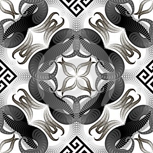 Halftone intricate vector greek style seamless pattern. Dotted half tone fractal, geometric shapes, lines, swirls, flowers.