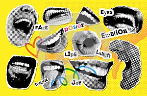 Halftone laughing lips set with grunge elements. Collage mouth collection for banner, poster, colage. Vector offset