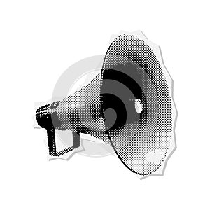 Halftone Loudspeaker elements for collage. Megaphone on paper scrap background. Vector illustration . Grunge punk