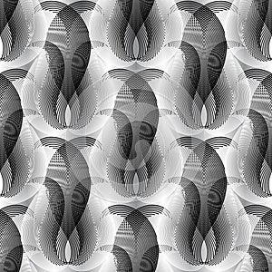 Halftone modern floral vector seamless pattern. Abstract geometric ornamental background. Black and white repeat trendy backdrop.