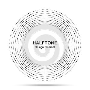 Halftone music circle frame abstract dots logo emblem design element. Half tone circular icon. Disc musical insignia.