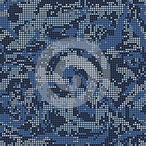 Halftone navy camouflage. LED screen pattern in dark blue tones, camo grid, polka dot background. Seamless vector texture