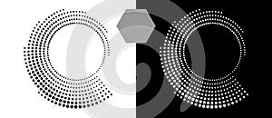 Halftone round as icon or background. Abstract vector circle with hexagons as logo or emblem. Black shape on a white background