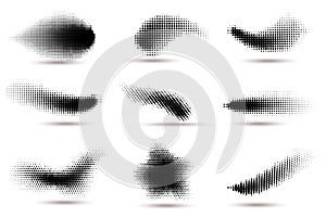 Halftone shapes. Curved dotted spots with halftone circle dot gradient texture. Fluid flex wave effect pattern, graphic photo