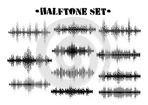 Halftone sound wave black and white patterns set.Tech music design elements isolated on white background