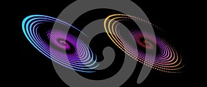 Halftone speed spiral set. Colorful dynamic dotted lines in perspective. Radial swirl element for logo, print, poster