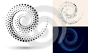 Halftone spiral as icon or background. Black abstract vector as frame with dots for logo or emblem. Circle border isolated on the