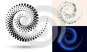 Halftone spiral as icon or background. Black abstract vector as frame with quadrangles for logo or emblem. Twirl  border isolated