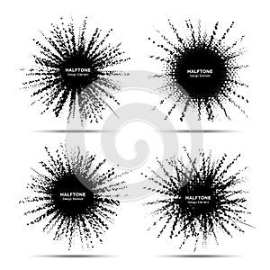 Halftone star frame set. Grunge spot border using halftone dots texture. Boom shapes. Explosions. Vector illustration.