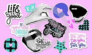 Halftone stickers set with self Love collage elements. Mouth and hands torn out papers. Modern art collage with human