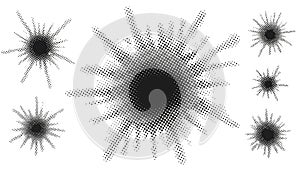 Halftone Sunburst and Starburst Dot Pattern Elements Set