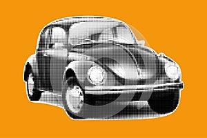 Halftone vintage car isolated on color background.