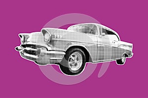 Halftone vintage car isolated on color background.