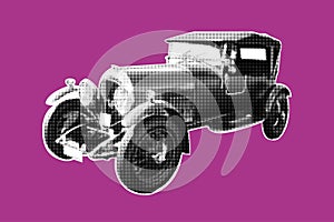 Halftone vintage car isolated on color background.