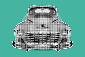 Halftone vintage car isolated on color background.