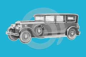 Halftone vintage car isolated on color background.