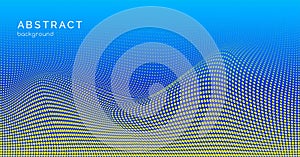 Halftone wavy abstract vector background. Blue gradient yellow dotted texture. Modern technology backdrop