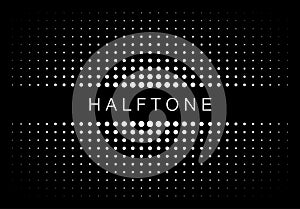 Halftone white gradient texture frame isolated on black background. Dotted pattern halftone circle dot texture. Vector