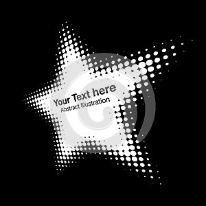 Halftone white star perspective frame abstract dots logo emblem. Star border Icon circle dots raster texture. Vector.