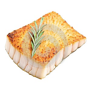 halibut fillet, pan-seared with a golden crust, accompanied by a sprig of fresh rosemary, delicates sea food, isolated