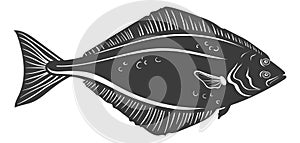 Halibut icon. Black fish silhouette. Fisher club logo