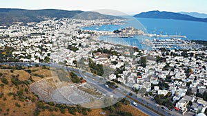 Halicarnassus Ancient City and Marina Harbor in Bodrum, Turkey. Aerial footage